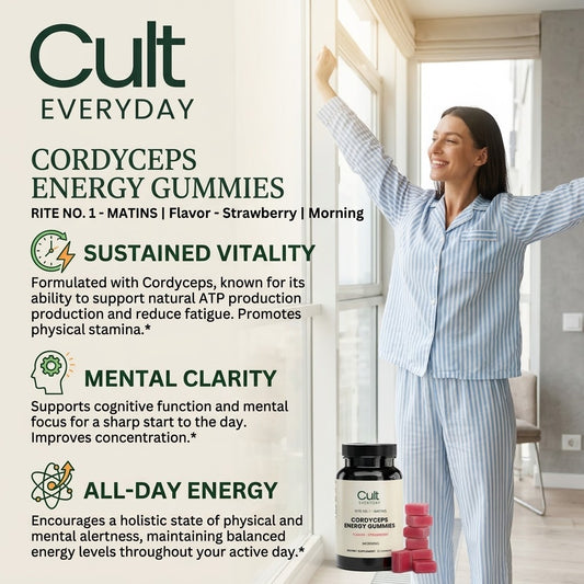 Woman stretching in the morning with Cult Everyday Cordyceps Energy Gummies benefits: sustained vitality, mental clarity, all-day energy