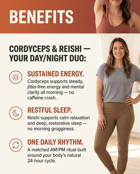 Day/Night Combo benefits infographic: sustained energy, restful sleep, one daily rhythm