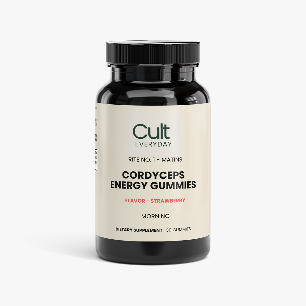 Cult Everyday Cordyceps Energy Gummies bottle, Rite No. 1 Matins, strawberry flavor