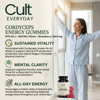 Woman stretching in the morning with Cult Everyday Cordyceps Energy Gummies benefits: sustained vitality, mental clarity, all-day energy