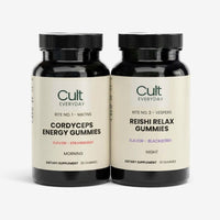 Cult Everyday Day/Night Combo — Cordyceps Energy Gummies and Reishi Relax Gummies bottles side by side