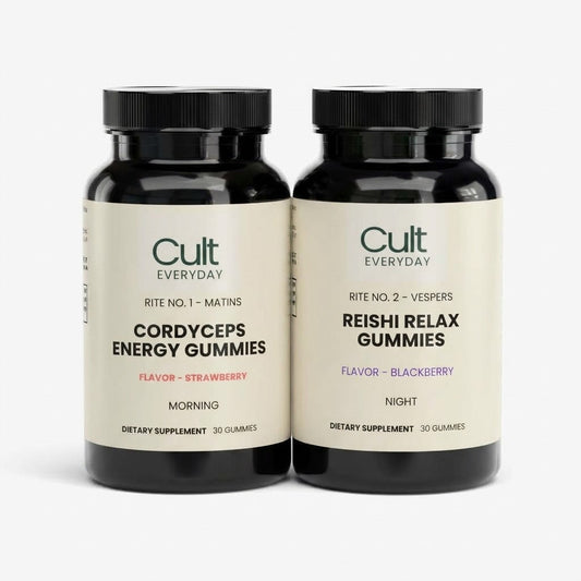 Cult Everyday Day/Night Combo — Cordyceps Energy Gummies and Reishi Relax Gummies bottles side by side