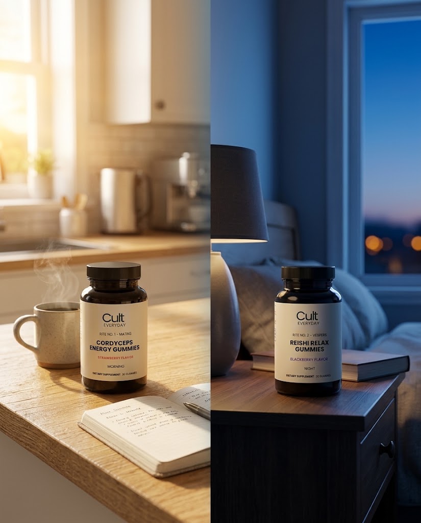 Split scene: Cordyceps bottle in a sunlit morning kitchen, Reishi bottle on a calm evening nightstand