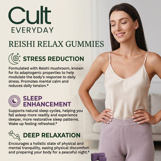 Reishi Relax Gummies benefits infographic: stress reduction, sleep enhancement, deep relaxation