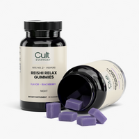 Two bottles of Reishi Relax Gummies with gummies spilled out